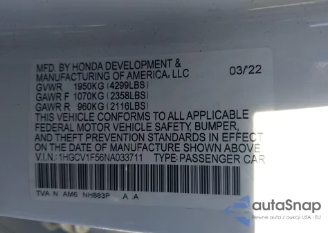 2022 Honda Accord Ex-L z USA, uszkodzony, nr VIN 1HGCV1F56NA033711